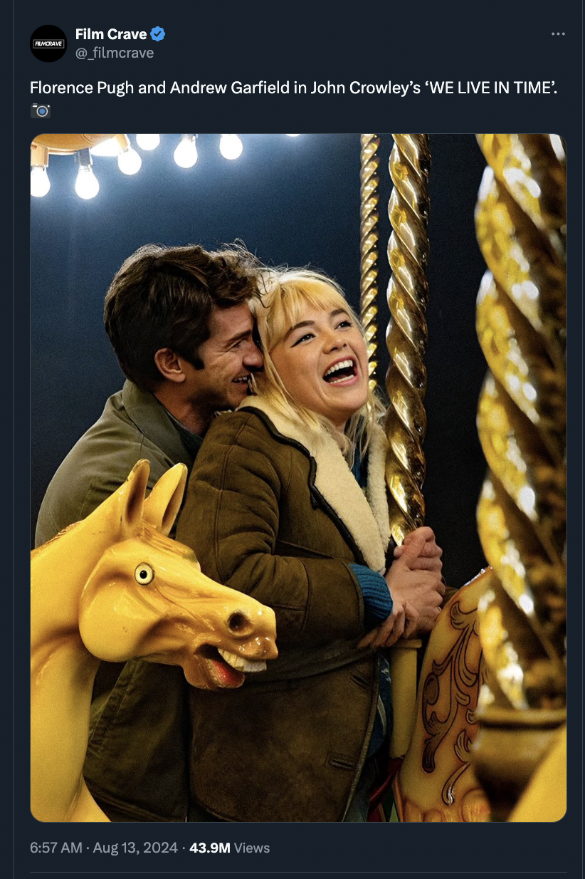 On Tuesday, A24 released a first glimpse at their upcoming film 'We Live In Time,' one that quickly got upstaged by the hideous carousel horse in the lower left corner. 